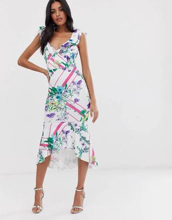 Облегающее платье миди с цветочным принтом и оборками asos.
