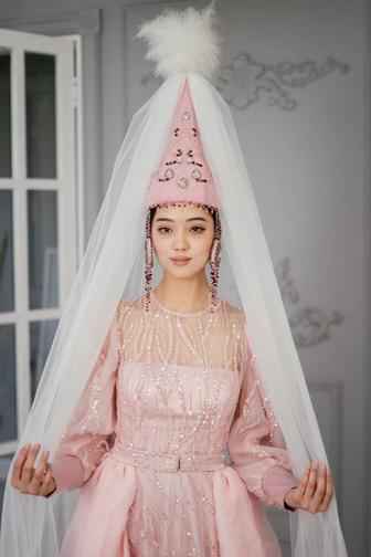 Кыз узату прокат розовое платье с саукеле и фатой в Алматы