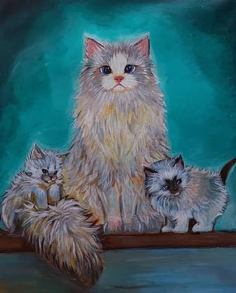 Картина Кошка Ragdoll с котятами