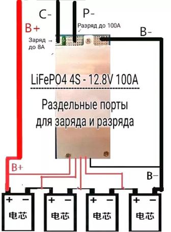 BMS для LiFePO4-батарей 4S 12.8 V (12, 14, 14.4 В) 100A для шуруповёртов