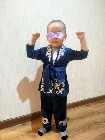 Прокат синий детский казахский национальный этно костюм для мальчика 1-3 г