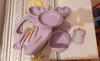 Комплект посуды детский, силикон, цвет фиолетовый